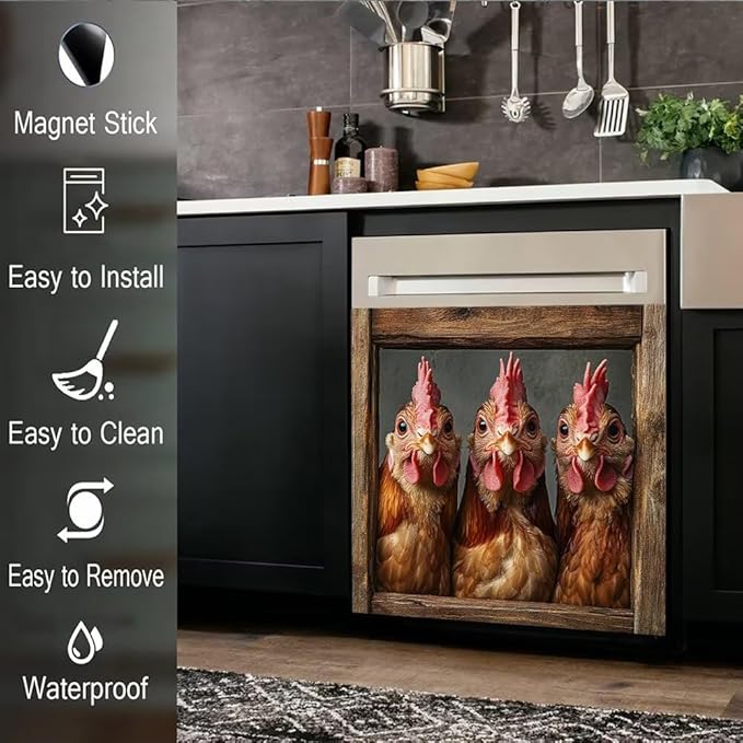 Country Rooster Dishwasher Magnet Cover, Farm Hen Dishwasher Cover for Kitchen Decoration, Chicken Magnetic Refrigerator Magnet Cover Funny Fridge Decal, 23"X26"