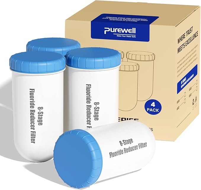 Purewell 8-Stage Fluoride Purification Elements, 7-Inch Pitcher Cartridge Compatible with Zero Pitcher, NSF/ANSI 42 & 372 Certified,41000-Gallon Long-Lasting, Reduces 99% Fluoride & Chlorine (4-Pack)
