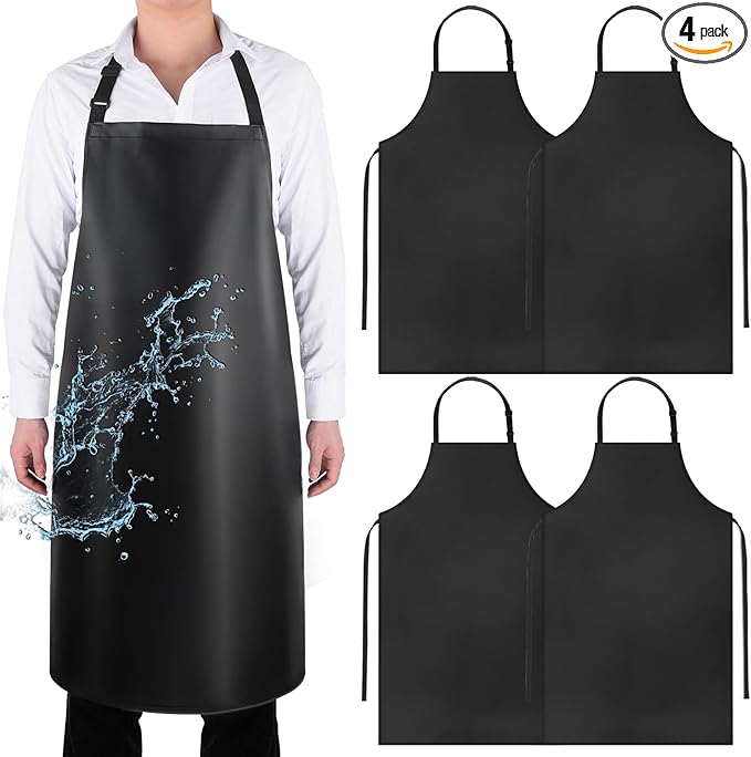 Gotega 4 Pack Waterproof Rubber PVC Apron Adjustable Dishwasher Apron-Women Men Heavy Duty Work Apron for Dishwashing Chemical Lab Butcher Grooming Black