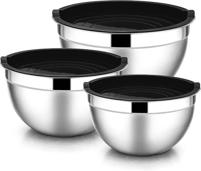 Stainless Steel 304 Mixing Bowls with Airtight Lids, Set of 3 Large Medium Small 1.5L 2L 3L (1.6QT 2.1QT 3.2QT) Food-Grade Metal Nesting Salad Bowls - Rust-Resistant, Dishwasher Freezer Safe