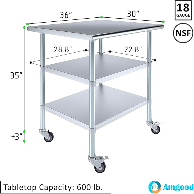 AmGood Stainless Steel Work Table with 2 Shelves and Casters | Metal Utility Table On Wheels (Stainless Steel Work Table with 2 Shelves + Casters, 36" Long x 30" Deep)