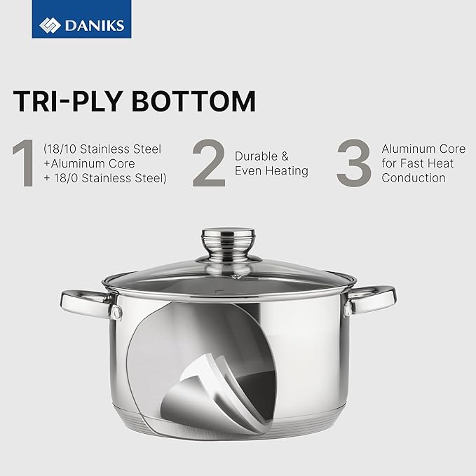 Daniks Standard 9-Piece Stainless Steel Cookware Set with Glass Lids, Includes Saucepan, Tri-Ply Bases for Even Heating, Induction Compatible, Dishwasher Safe, Built-In Measuring Scale, Silver