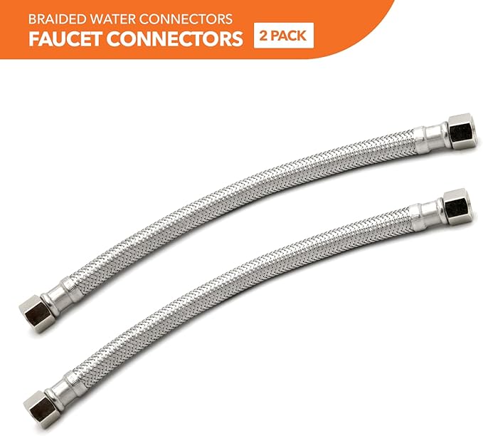 Stainless Steel Braided Water Connectors with Reinforced PVC Inner Hose for Faucets, 3/8" Compression x 3/8" Compression, 20" Length (2Pack)