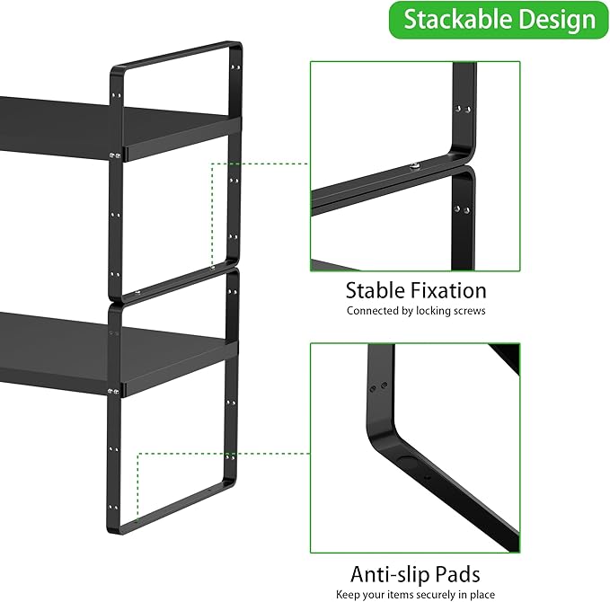 Expandable Cabinet Storage Shelf Stackable Organizer Rack for Kitchen Bathroom Pantry Spice Cupboard Countertop Home Office Desk Heavy Duty Nonslip Black Large 3 PACK