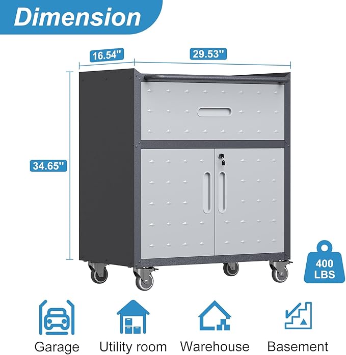 Garage Storage Cabinet with Wheels Metal Garage Cabinets with Drawer Heavy Duty Steel Rolling Tool Cabinet with Lock Rolling Tool Cart Mobile Cabinet for Warehouse Basement, Assembly Required