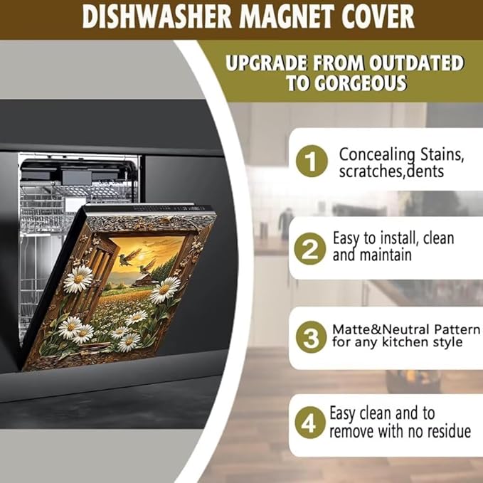 Daisy Floral Farmhouse Scene Magnetic Dishwasher Cover Vinyl Sticker,Vintage Wooden Dishwasher Magnet Cover, Hummingbirds Fridge Door Cover Magnets Art Skin Panel Decal for Home Decor, 23"X26"