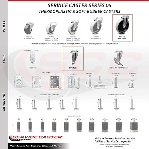Service Caster Brand Replacement Set for Uline Casters H-2503CASKIT - Swivel Top Plate Casters with 5 Inch Thermoplastic Rubber Wheels-Includes 2 Swivel Casters and 2 Rigid Casters- Fits Utility Carts