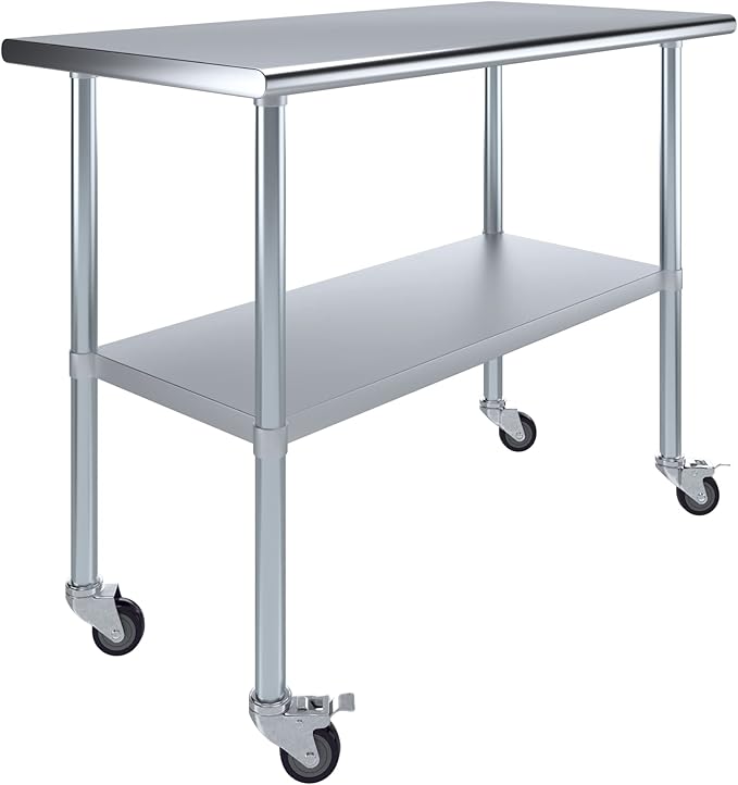 AmGood 48" Long x 24" Deep Stainless Steel Table with Casters