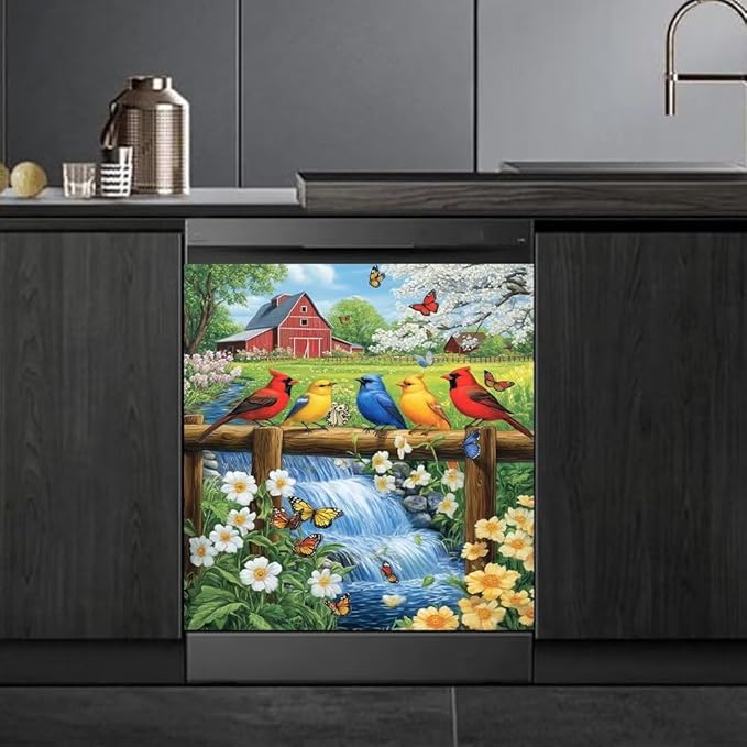 Colorful Birds on Fence with Red Barn Farm Scene Magnetic Dishwasher Cover Vinyl Sticker,Spring Dishwasher Magnet Cover,Fridge Door Cover Magnets Art Skin Panel Decal for Home Decor, 23"X26"