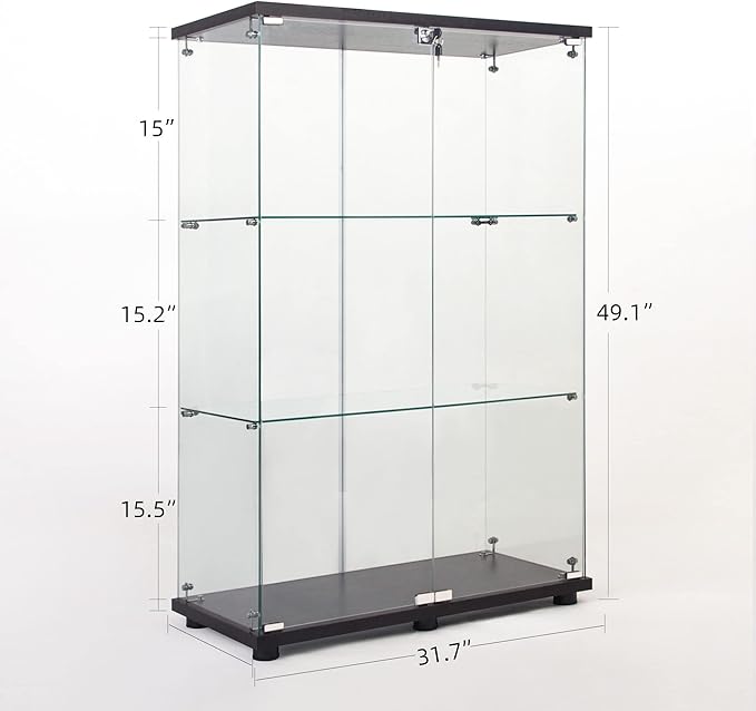 Yoluckea 3 Shelves Glass Display Cabinet with 2 Doors, Floor Standing Clear Glass Curio Cabinet Collection Display Case for Living Room Bedroom 49.49” x 31.77”x 14.37” Black