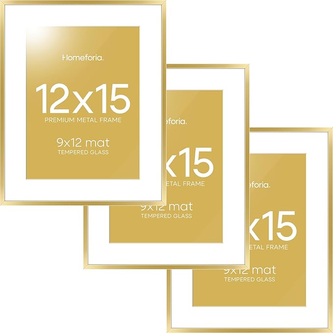 Homeforia 12x15 Picture Frame Gold, High End Metal 12x15 Poster Frames with Mat 9x12 for Photo, 12 x 15 Gold Frame Matted to 9 by 12 Print, 15x12 Thin Hanging Frame, Tempered Glass, Wall Kit, Set of 3