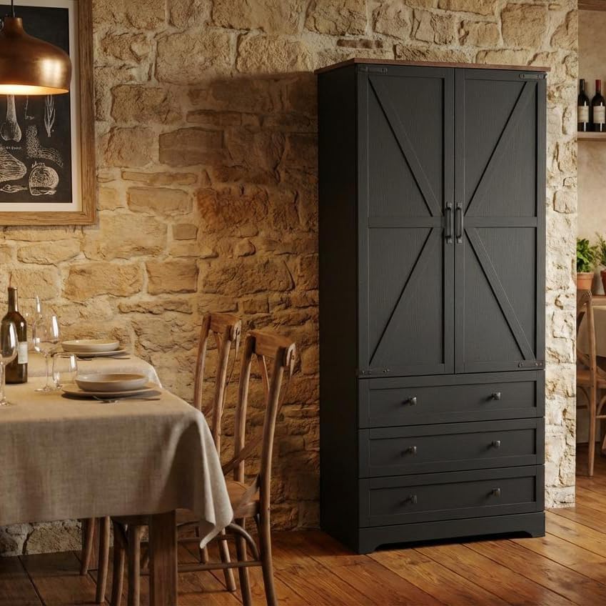 IDEALHOUSE Farmhouse Kitchen Pantry Cabinet - 72" Tall Large Wood Kitchen Storage Cabinets with Adjustable Shelves & 2 Barn Doors & 3 Drawer, Versatile Storage for Dining Room, Bathroom, Living Room