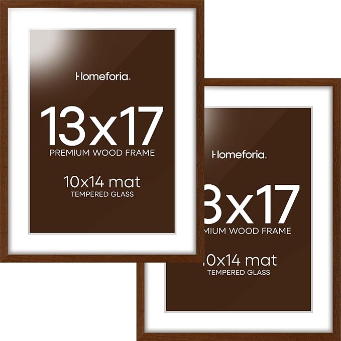 Homeforia 13x17 Picture Frame Brown, High End Dark Oak 13x17 Poster Wood Frame with Mat 10x14 for Photo, 13 x 17 Wooden Walnut Frame Matted to 10 x 14, 17x13 Frames, Tempered Glass, Wall Kit, Set of 2