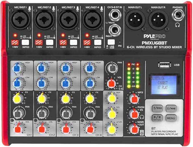 PYLE Studio Audio Sound Mixer Board - 6 Channel Bluetooth Compatible Professional Portable Digital DJ Mixing Console w/ USB Mixer Audio Interface - Mixing Boards For Studio Recording - PMXU68BT