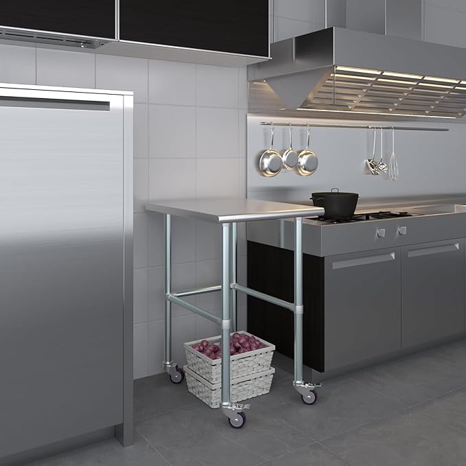 Stainless Steel Work Table Open Base & Wheels | Work Station | Metal Work Bench (Stainless Steel Work Table Open Base + Casters) (24" Long x 30" Deep)