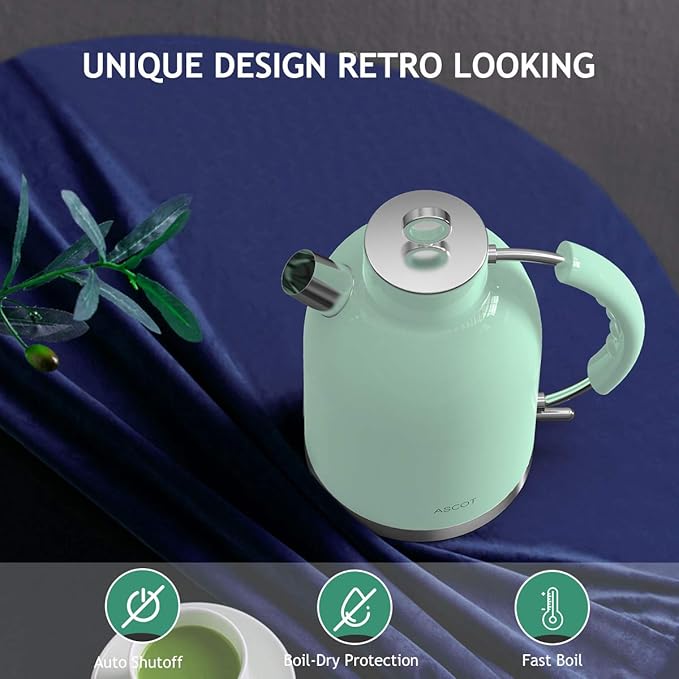 Electric Kettle, ASCOT Electric Tea Kettle, Stainless Steel Water Boiler, Fast Boiling, 1.5L, 1500W, BPA-Free, Cordless, Automatic Shutoff, Boil-Dry Protection, Green