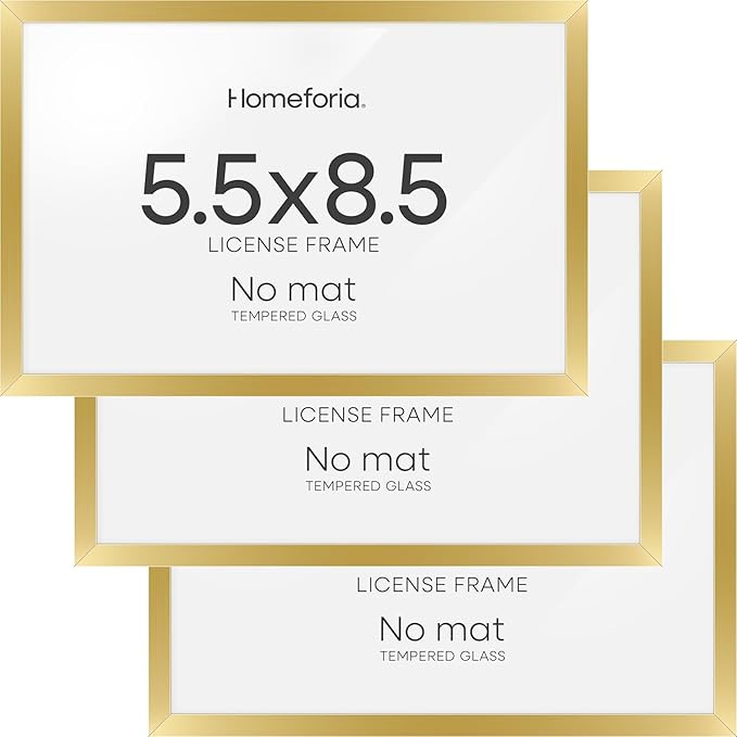 Homeforia 5.5 x 8.5 Business License Frame Gold, High End Metal 5.5x8.5 Certificate Frame, 8.5x5.5 inch Document Frame for Wall or Tabletop, Standing Picture Frames, Tempered Glass, Wall Kit, Set of 3