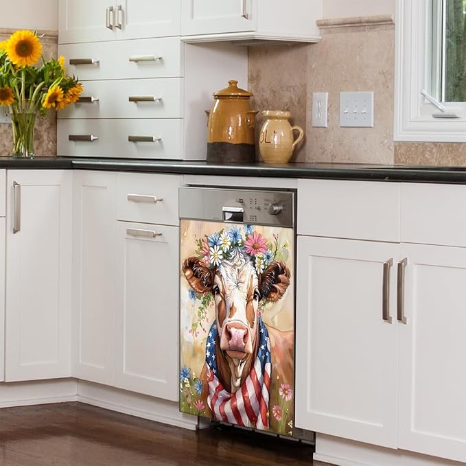 Highland Cow Animal Flower Dishwasher Magnet Cover Magnetic Dishwasher Decorative Cover Front Dishwasher Door Cover Reuseable Dishwasher Cover Panel for Kitchen Refrigerator Home Appliances 23" X 26"