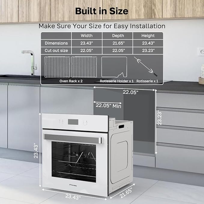 24" Single Wall Oven, ThermoMate 2.6 Cu.Ft. Electric Wall Oven with 12 Functions, White Built-in Convection Ovens, Sensor Touch Control, Safety Lock, ETL Certified, 3100W