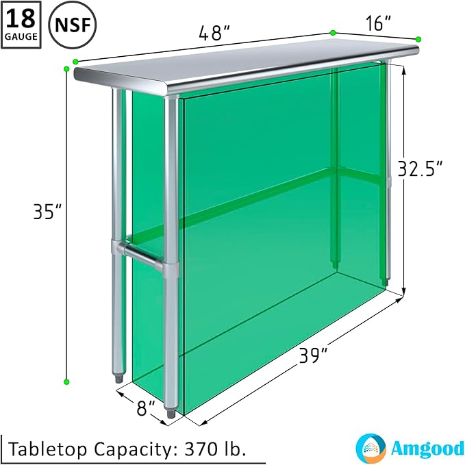 AmGood Stainless Steel Work Table Open Base | NSF Kitchen Island Food Prep | Laundry Garage Utility Bench (48" Long X 16" Deep)