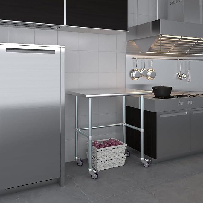 Stainless Steel Work Table Open Base & Wheels | Work Station | Metal Work Bench (Stainless Steel Work Table Open Base + Casters) (36" Long x 24" Deep)