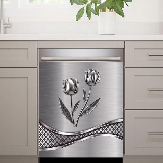 Stainless Steel Flower Painting Dishwasher Cover Decorative Magnetic Sticker Kitchen Refrigerator Covers for The Front Fridge Door Magnet 23W x 17H inchs