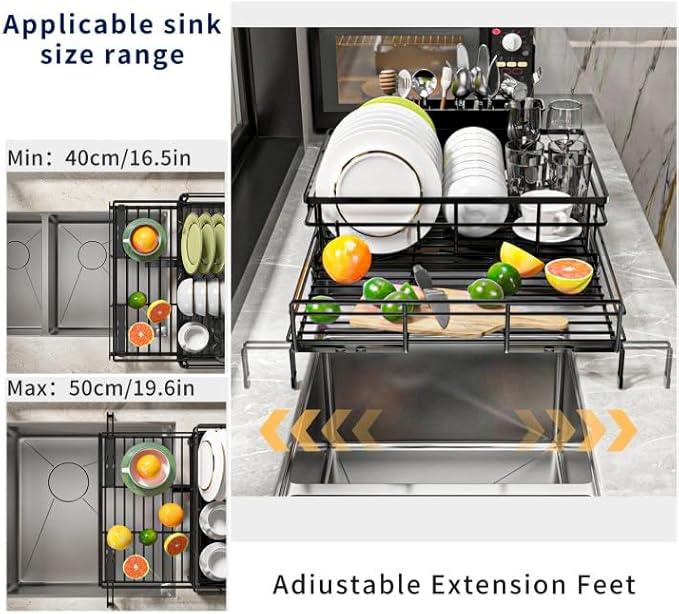 MIKEE Large Dish Drying Rack for Kitchen Counter, Expandable Rustproof Dish Drainer - Over The Sink Dish Drying Rack with 360° Rotating Drain, Kitchen Utensil Holder, Home and Kitchen Organization