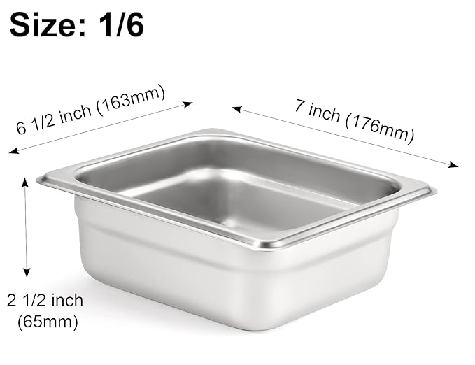 CURTA 6 Pack Anti-Jam Hotel Pans, 1/6 Size 2 1/2 Inch Deep, NSF Commercial 18/8 Stainless Steel Chafing Steam Table Pan, Catering Storage Metal Food Pan