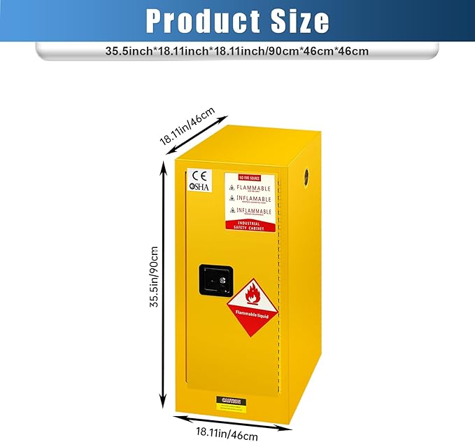 25 Gallon Flammable Storage Cabinet, 35.5×18×18in Galvanized Steel Safety Storage Cabinet, Adjustable Shelf Fireproof Cabinets, Flammable Liquid Storages Cabinets for Industrial and Home Use, Yellow
