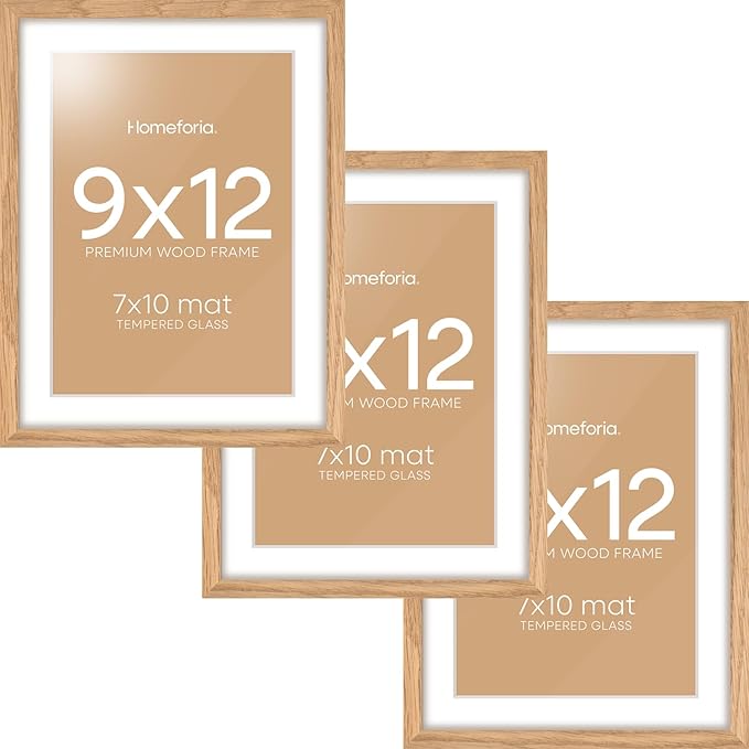 Homeforia 9x12 Picture Frame Wood, High End Natural Oak 9 x 12 Light Wooden Frames with Mat 7 by 10 Photo, 9by12 Frame Matted to 7x10 Print, Wall or Tabletop Frames, Tempered Glass, Wall Kit, Set of 3