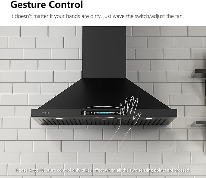 IKTCH 30 inch Black Wall Mount Range Hood, 900 CFM Ducted/Ductless Stainless Steel Vent Hood with Gesture Sensing & Touch Control Switch Panel, 2 Pcs Adjustable Lights