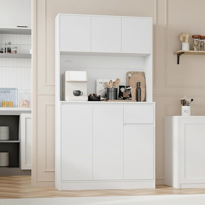 71" Tall White Kitchen Pantry Cabinet with 6 Doors & Power Outlet, Freestanding Storage Hutch with Countertop, Adjustable Shelves for Dining Room, Laundry Room