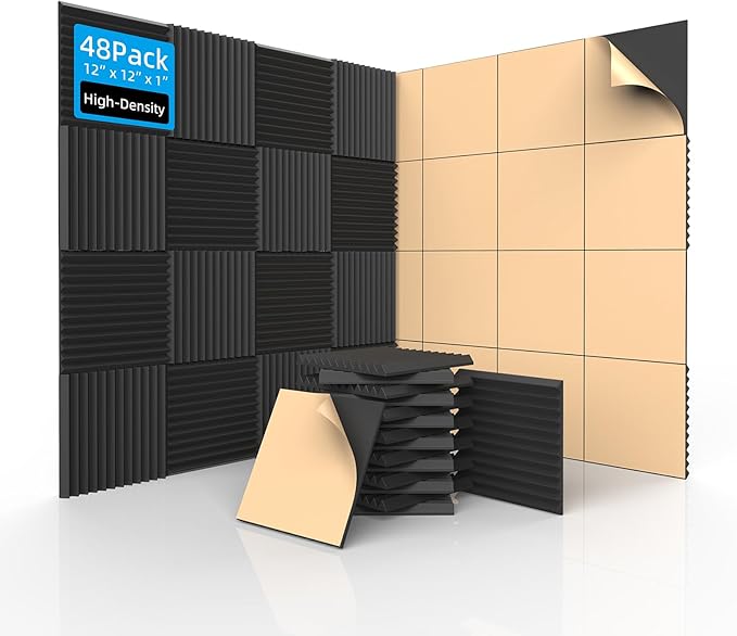 48 Pack Acoustic Foam Panels with Self Adhesive 12" X 12" X 1" Sound Proof Foam Panels for Walls High Density Wedge Soundproof Wall Panels for Studio Office Gaming Room