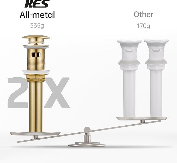 KES Vessel Sink Drain Pop Up Drain with Overflow Bathroom Stopper Assembly Brushed Gold for 1.6"-1.9" Sink Hole, All Metal Rustproof Brass and 304 Stainless Steel, S2008A-BZ