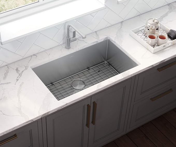 Ruvati RVH7250 Gravena 28" Undermount Single Basin 16 Gauge Stainless Steel Kitchen Sink with Basin Rack and Basket Strainer - Stainless Steel