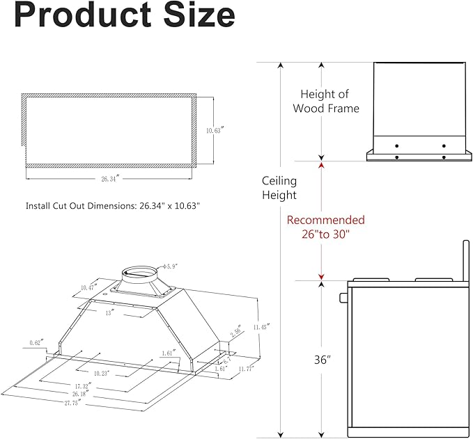 HisoHu Insert Range Hood 30 Inch / 36 Inch, 900 CFM with Ducted Convertible Ductless(Kit Included), Stainless Stee Kitchen Vent Hood with 4 Speed Exhaust(30'', Black)