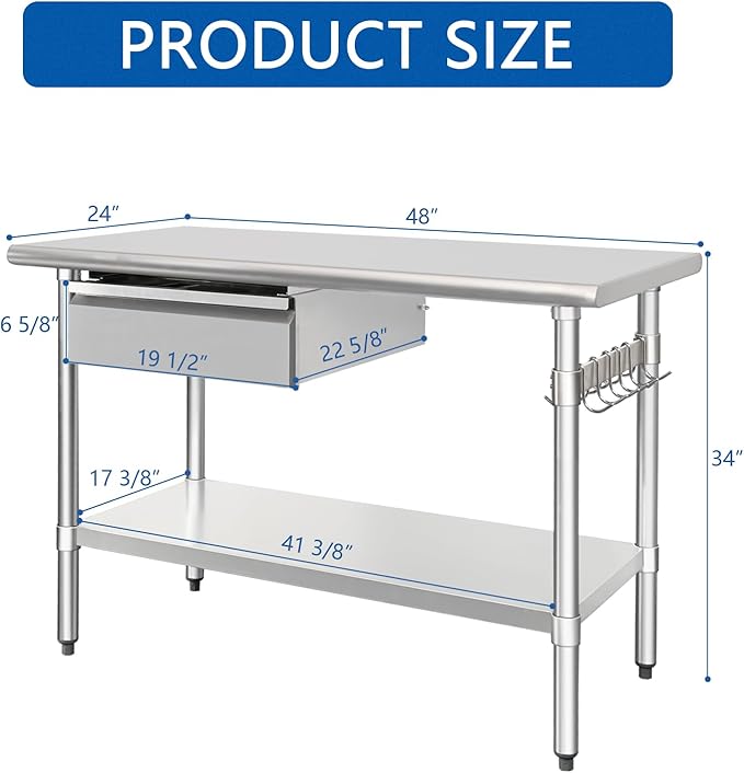 HARDURA Stainless Steel Prep Table with Drawer 24" x 48" NSF Heavy Duty Bench with Undershelf, Hook and Galvanized Legs for Commercial Food Prep