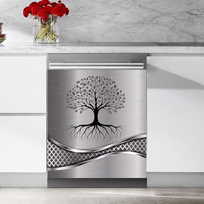 Stainless Steel Design Tree Wallpaper Magnet Dishwasher Cover Sticker,Kitchen Decor Refrigerator Magnets Decorative Fridge Magnetic Decal Vinyl Panel 23Wx17H inch