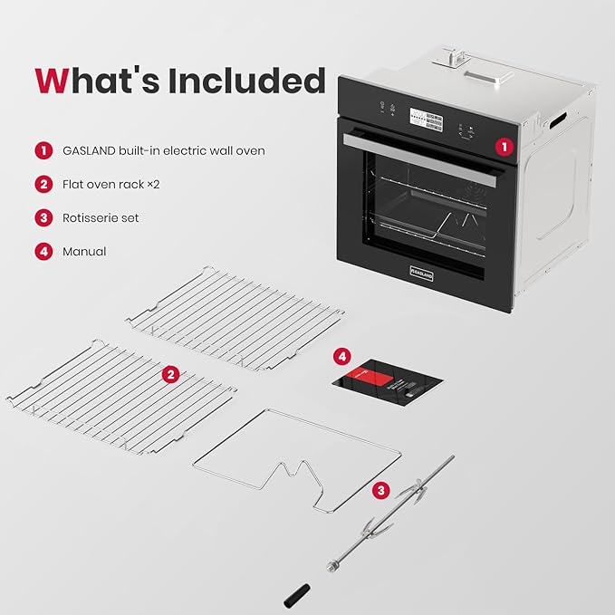 24 Inch Electric Wall Oven, ETL Certified, GASLAND 2.6 Cu.ft Built-in Single Wall Oven, 12 Cooking Functions, 3D Heating, Convection Oven with Rotisserie, Touch Control, Safety Lock, Black