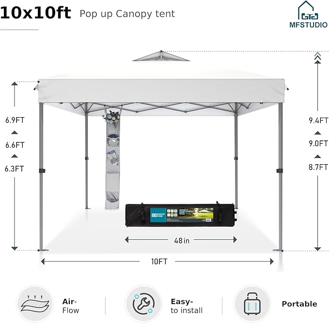 MFSTUDIO 10x10 Pop up Canopy Tent, Gazebo Shelter Sun Shade Canopies One Push Setup Portable Popup Easy Set up Tents with Vented Top,Storage,4 Sandbags,for Beach,Parties,Camping