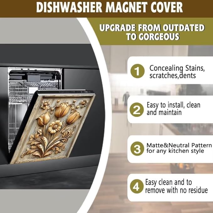 Rustic Wood Farmhouse Scene Floral Magnetic Dishwasher Cover Vinyl Sticker,Vintage Wooden Dishwasher Magnet Cover,Fridge Door Cover Magnets Art Skin Panel Decal for Home Decor, 23"X26"