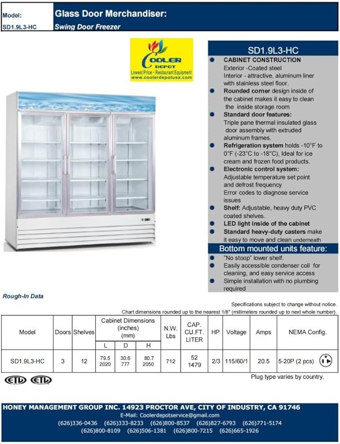 cooler depot Commercial Freezer Glass 3 door Coated Steel Frame&Exterior, Aluminium Interior, Upright Reach in 80" Width NSF 12 Shelves Display Merchandiser 52 cuft, -10°F~ 0°F SD1.9L3BM