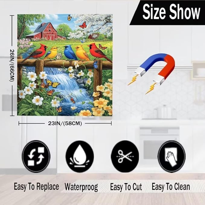 Colorful Birds on Fence with Red Barn Farm Scene Magnetic Dishwasher Cover Vinyl Sticker,Spring Dishwasher Magnet Cover,Fridge Door Cover Magnets Art Skin Panel Decal for Home Decor, 23"X26"