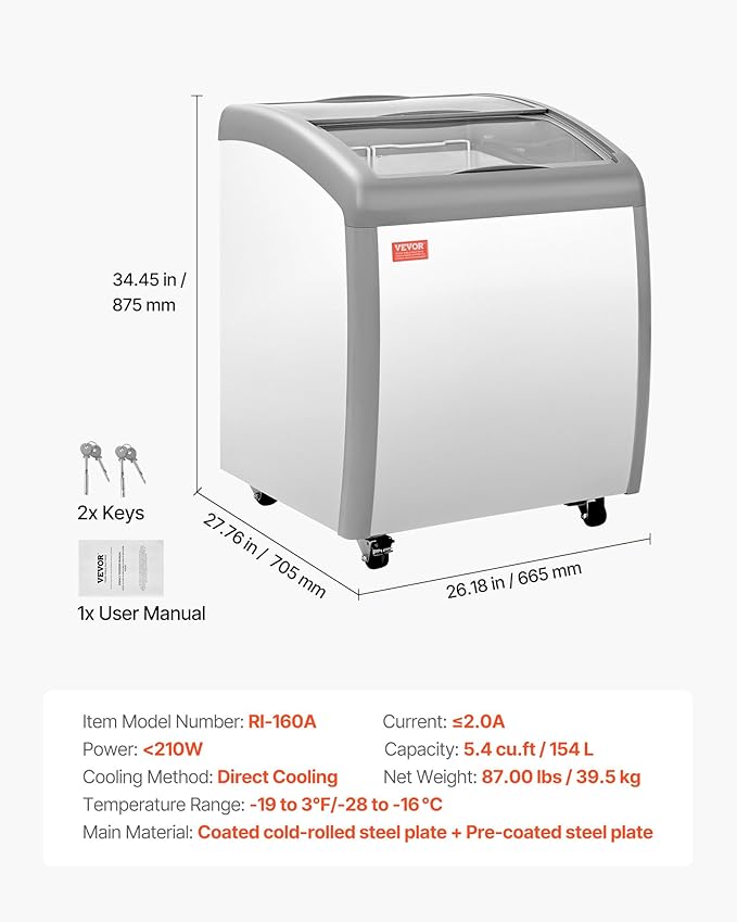 VEVOR Commercial Ice Cream Display Case, 5.4 Cu.ft Chest Freezer, -19 to 3℉ Temp Adjustable Mobile Top Deep Freezer with 2 Wire Baskets, 2 Sliding Glass Doors, Locking Casters & LED Strip Lighting