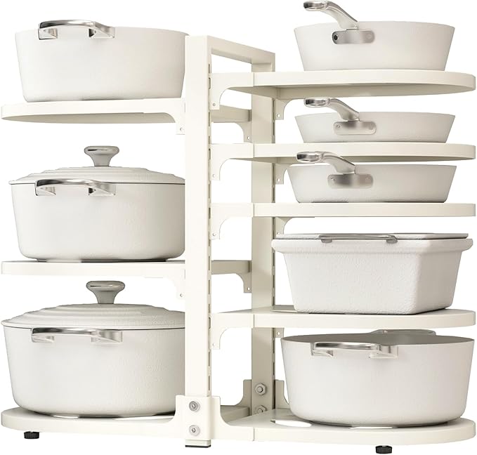 Adjustable Heavy Duty Pots and Pans Organizer Under Cabinet, 8-Tier Pot and Pan Organizers Inside Cabinet, Kitchen Cabinet Organizers and Storage, White
