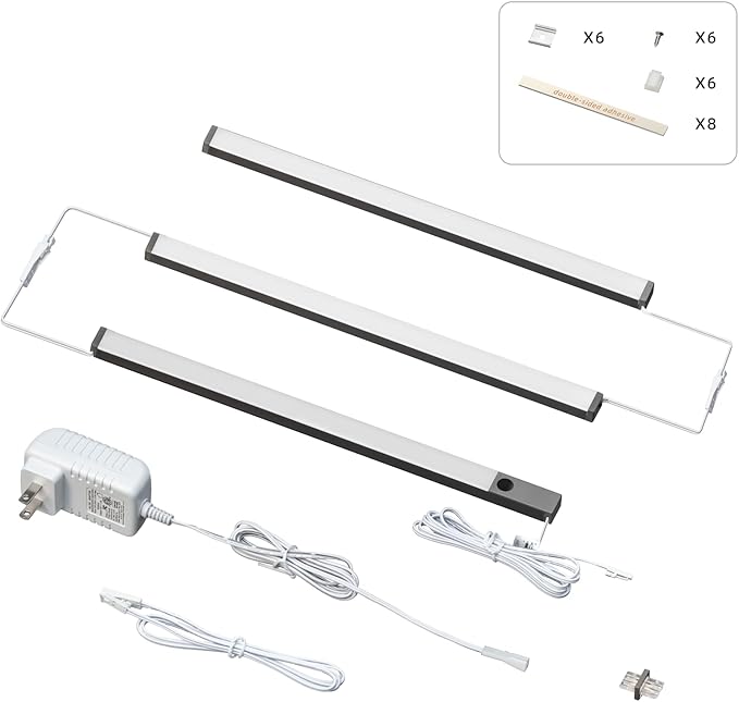 LUMILAND 3 Pcs 12-inch Led Under Cabinet Lighting Plug-in with Hand Wave, Dimmable 6000K Cold White Under Counter Lights Linkable with Memory Function for Kitchen