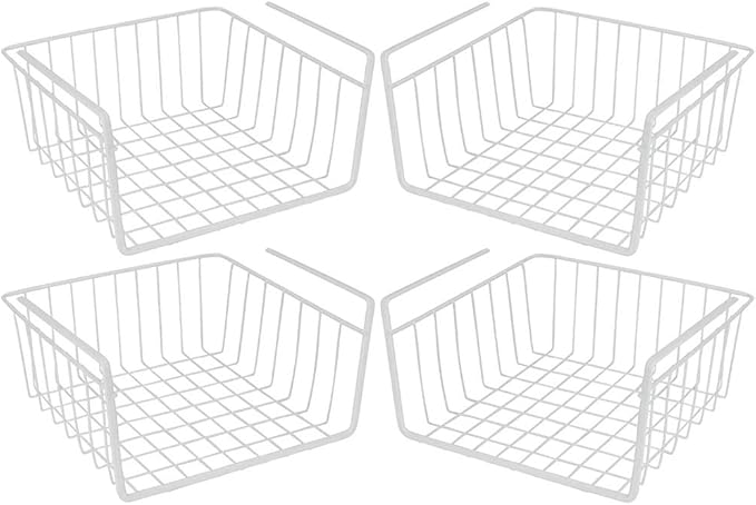 Modern Home Under Shelf Wire Storage Baskets – Hanging Organizer Rack for Cabinet, Pantry, or Closet – White Metal Basket for Kitchen, Towels, or Office – No Tools Required (Set of 4 10.25")