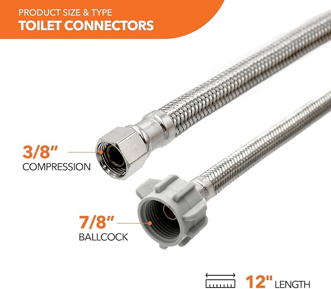 Stainless Steel Braided Water Connectors with Reinforced PVC Inner Hose for Toilets, 3/8" Compression x 7/8" Ballcock, 12" Length (5Pack)