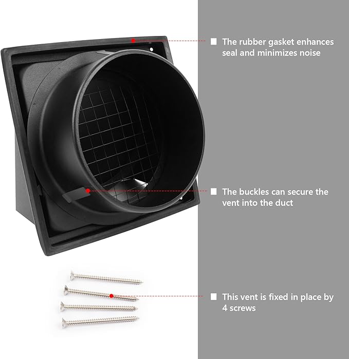 4 Inch Black Dryer Vent Cover Outside Stainless Steel Wall Vent with Removable Cover and Bird Screen Mesh RAL9011