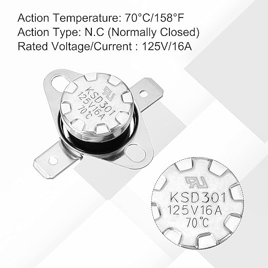 uxcell 4 Pcs KSD301 Thermostat 70°C/158°F 16A Normally Closed N.C Adjust Snap Disc Temperature Switch for Microwaves,Oven,Coffee Maker,Bakelite Material